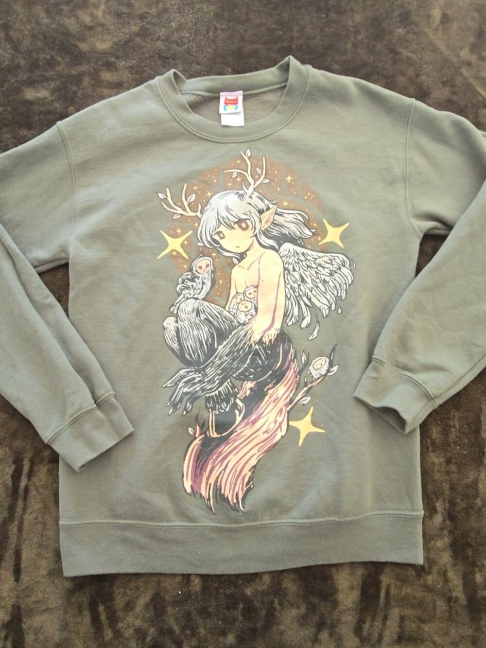 OMOCAT Forest Spirit Crewneck Sweatshirt Olive Green Size S Anime Art